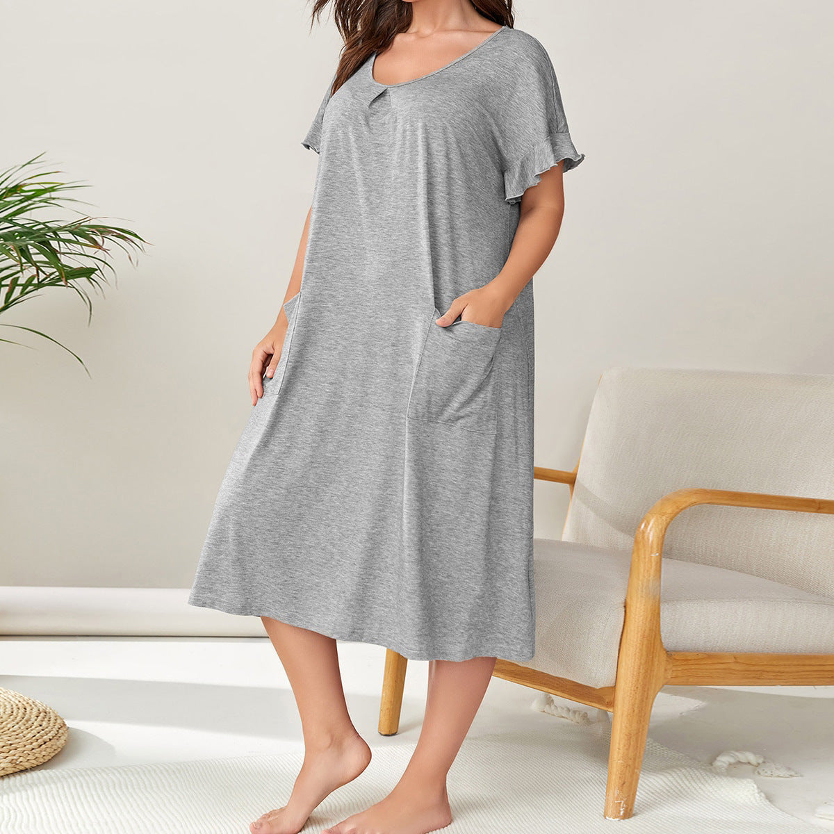 Plus Size Summer Women Clothing Dress Casual Home Pajamas Pocket Long Short Sleeve Nightdress for Women - Wild Amber Fashion