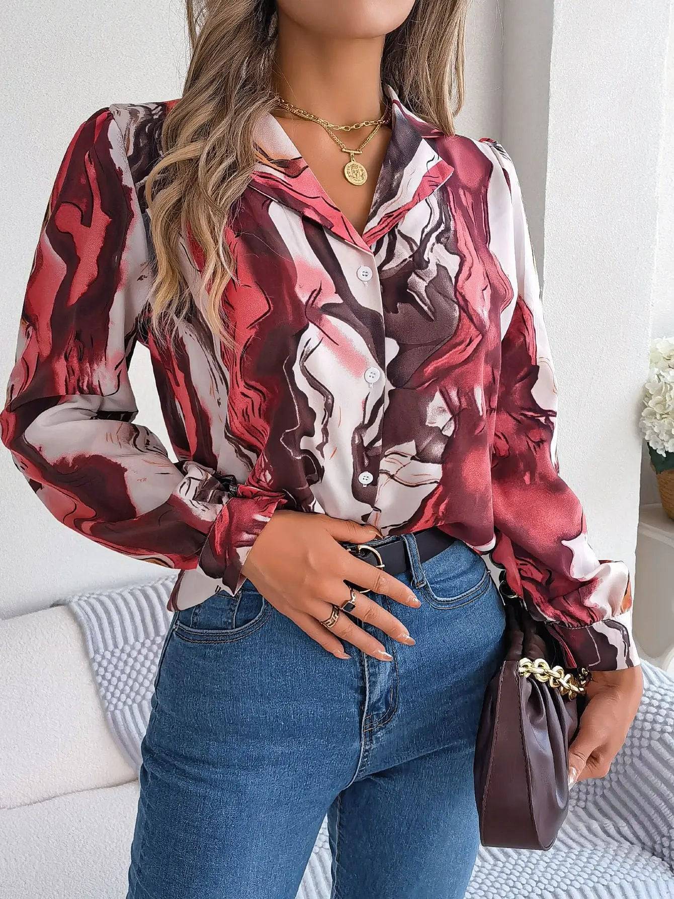 Casual Striped Collar Long Sleeve Shirt for Women  S Burgundy 