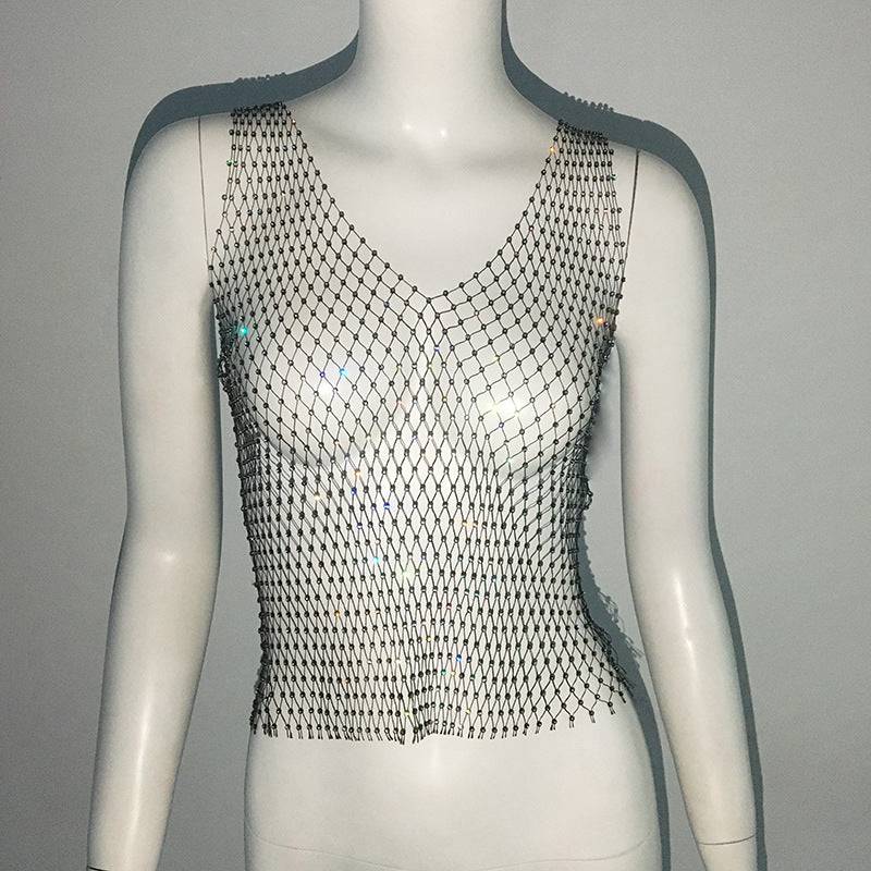 Mesh Rhinestone Fishnet Vest Top Sexy Sexy Sling Mesh Rhinestone V Neck Vest  S Black 