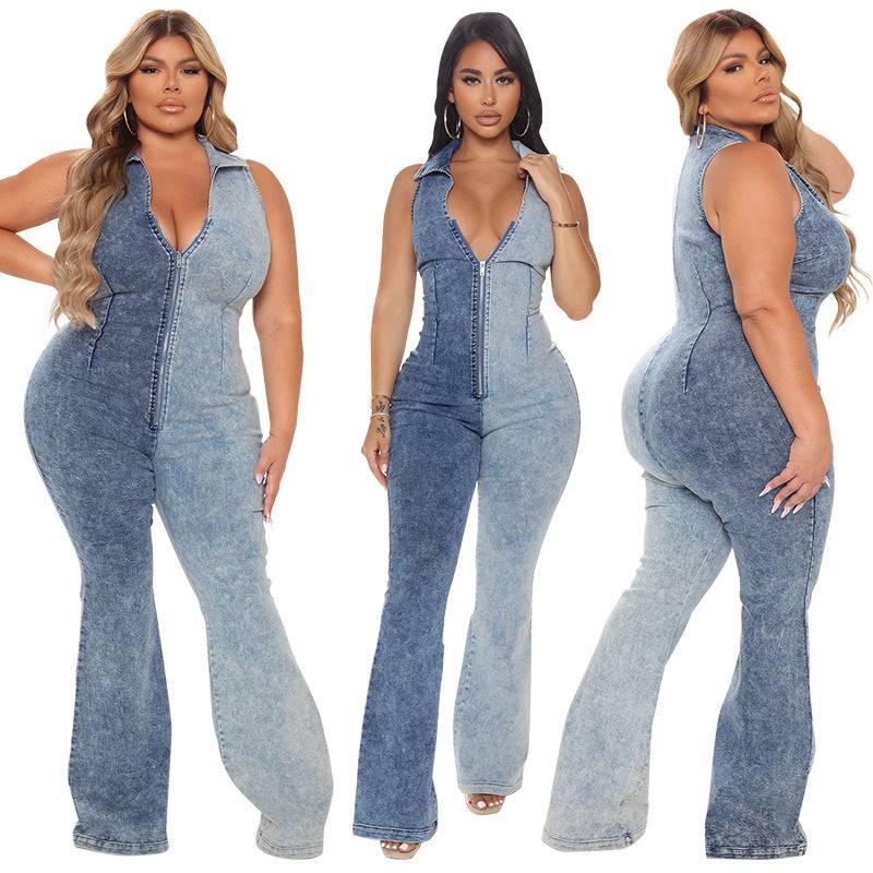 Sexy Denim Jumpsuit for Plus Size Women - Autumn Color Matching  S Blue 