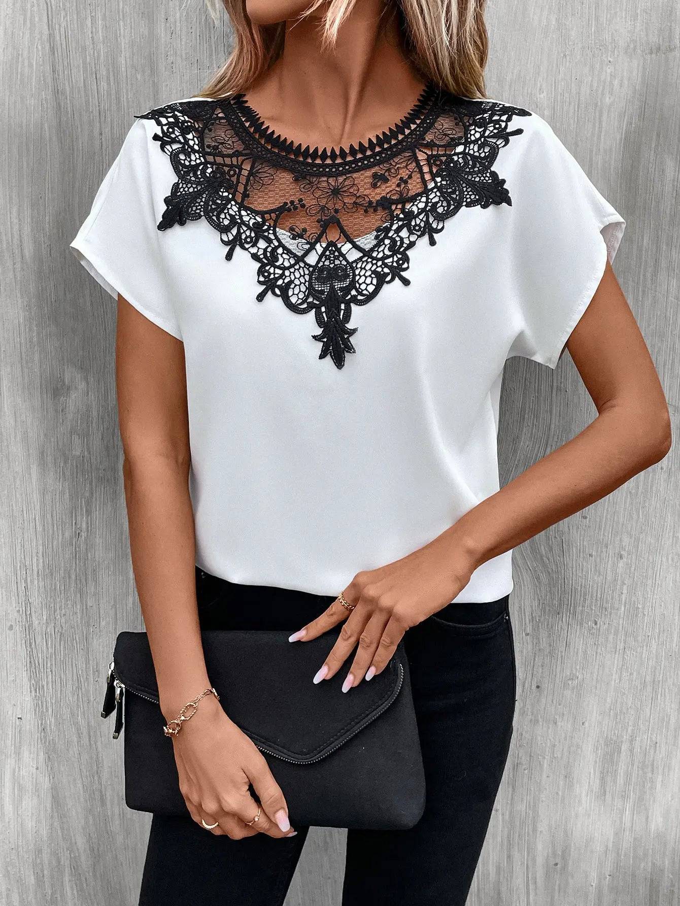 Colorful Lace Patchwork Round Neck Summer Top for Women  S White 