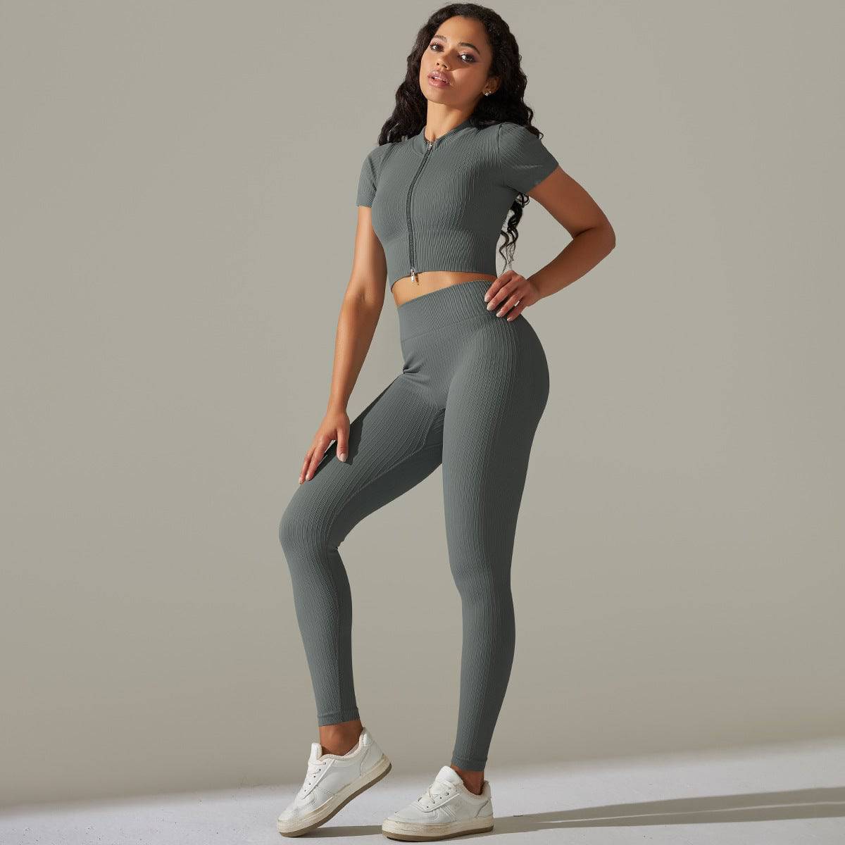 Peach Hip High Waist Seamless Yoga Set  S Dark Gray 