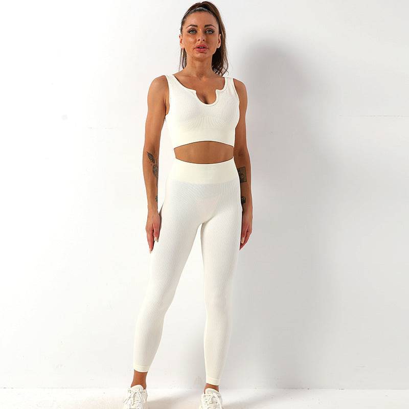 Ultimate Comfort Seamless Yoga Set with Shockproof Sports Bra and High-Rise Fitness Trousers  S Beige U-Shaped Bra Trousers 