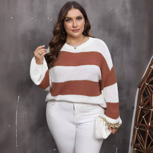 Plus Size Top Women Woven Sweater Women Clothes Contrast Color Striped Color Pullover Sweater - Wild Amber Fashion