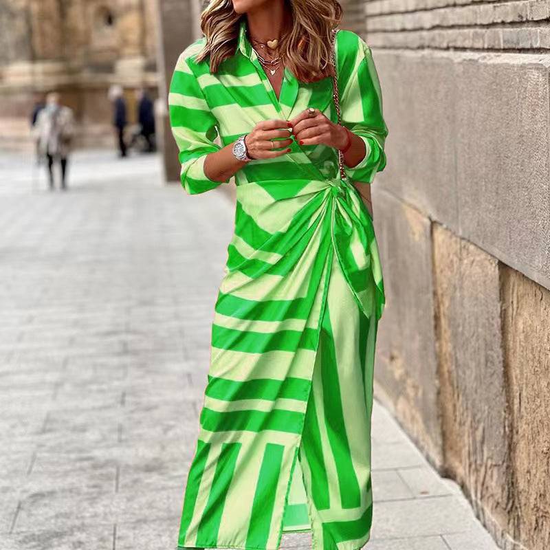 Trendy Striped Shirt Collar Dress with Lacing  S Green 