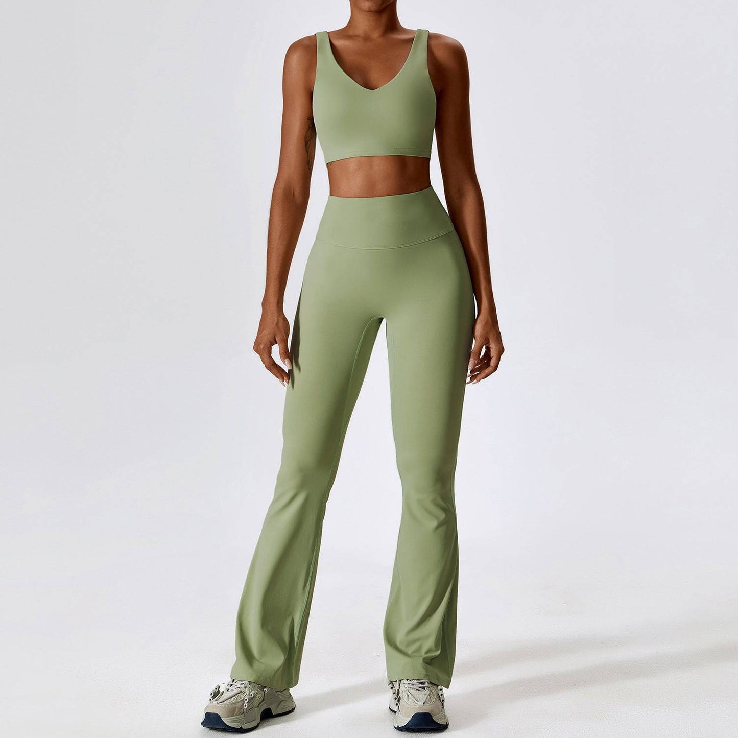 Shockproof Nude Feel Yoga Suit - Women's Quick Drying Fitness Set  S Bra Trousers Bean Green 