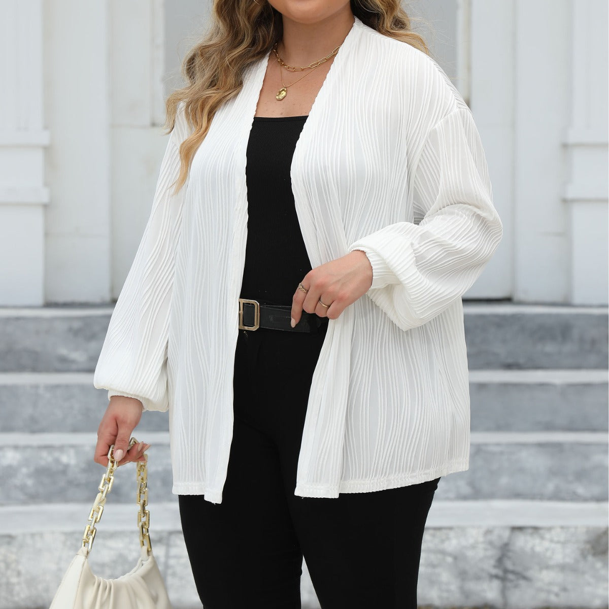 Plus Size Women Cardigan Women Wave Striped Casual Loose Jacket Comfortable Top Lantern Sleeve Air Conditioning Shirt - Wild Amber Fashion