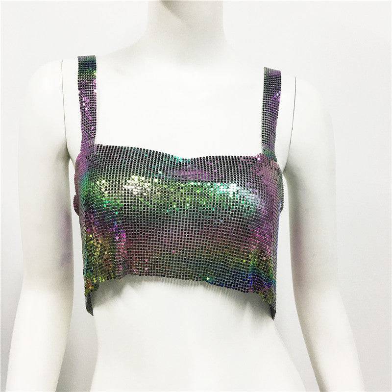 Seductive Metal Sequin Crop Top for Glamorous Nights Out  One Size Magic Color 