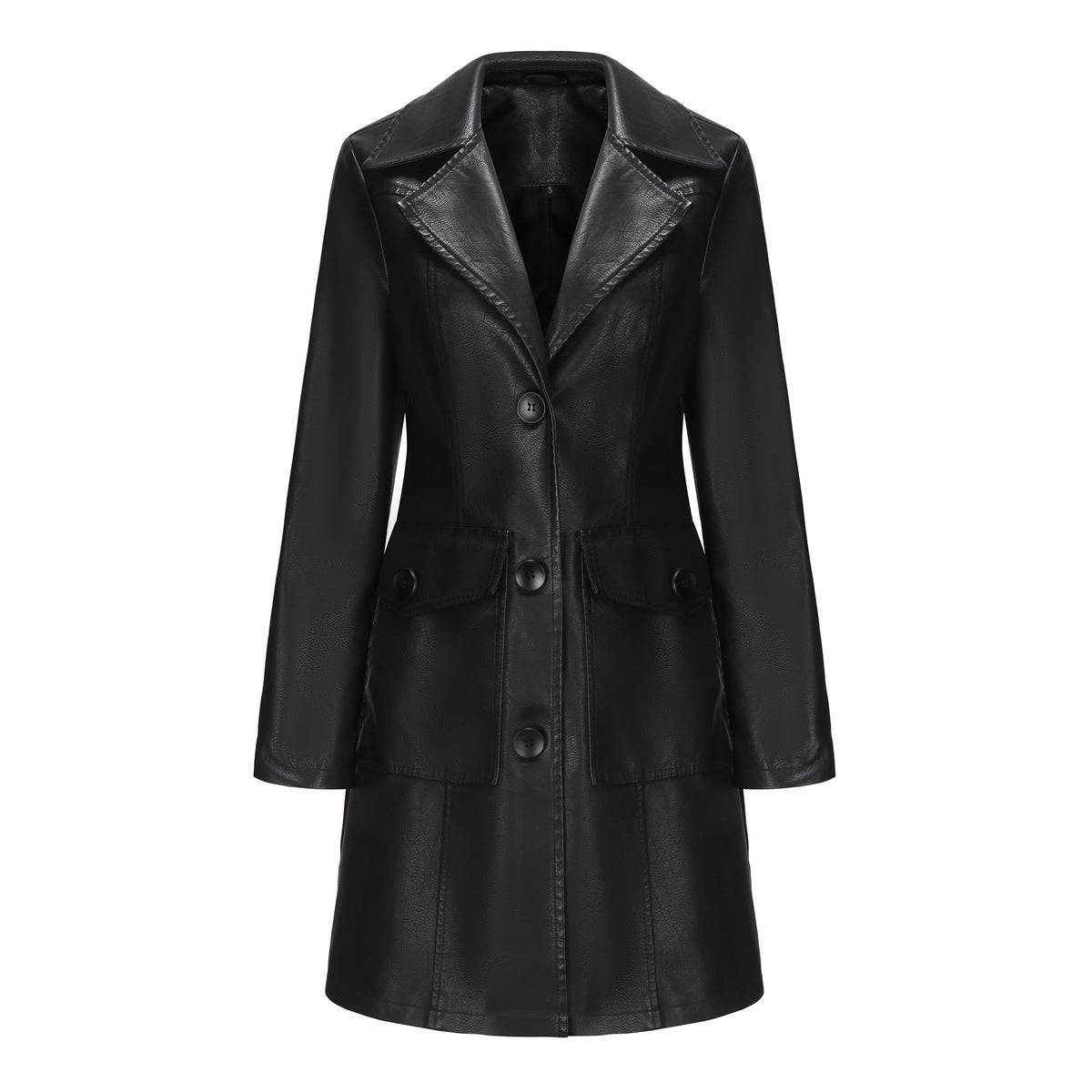 Long Leather Coat Spring Autumn Long Sleeve Leather Wind Coat British Coat Women Collared Single Breasted  S Black 