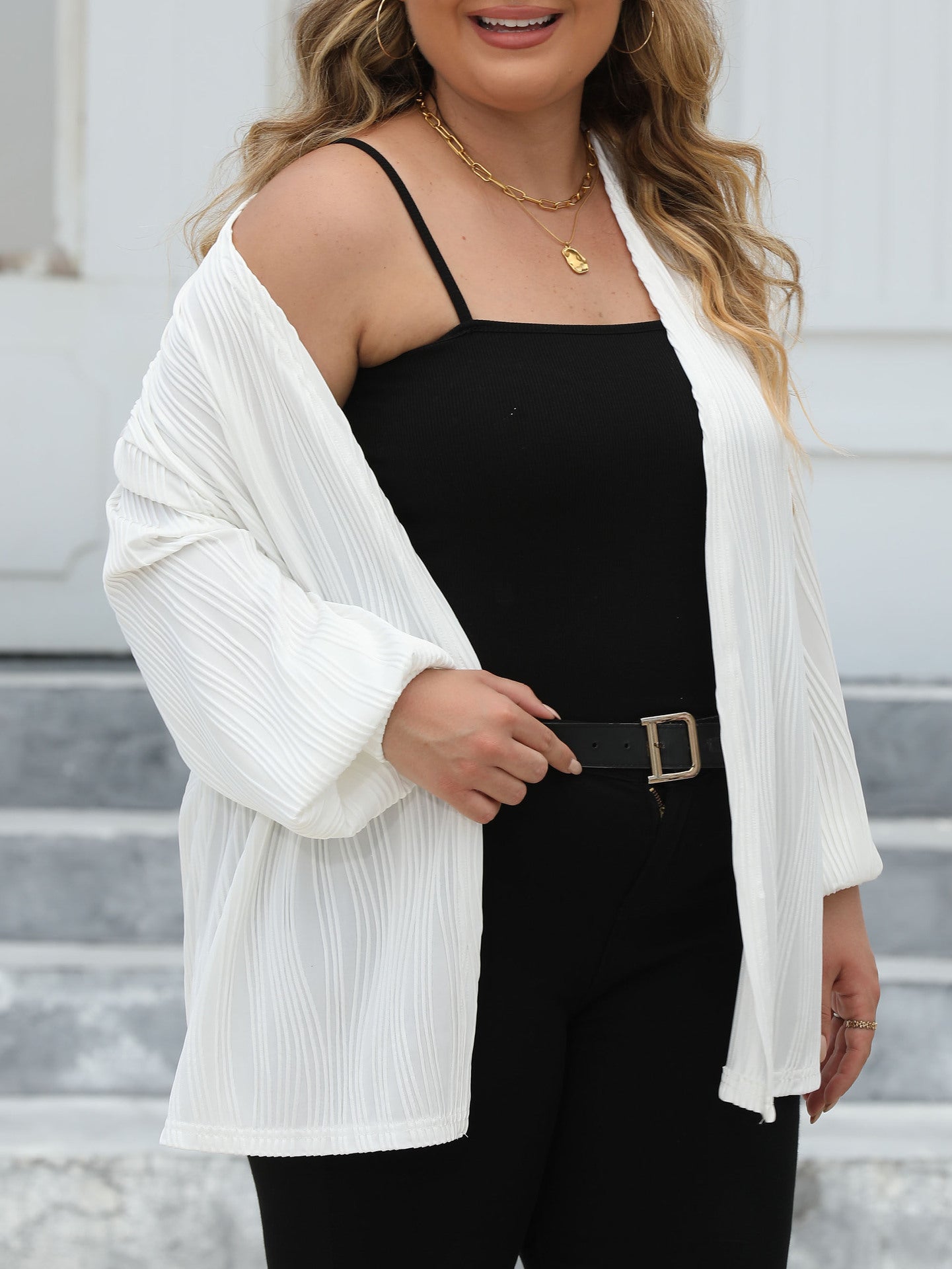 Plus Size Women Cardigan Women Wave Striped Casual Loose Jacket Comfortable Top Lantern Sleeve Air Conditioning Shirt - Wild Amber Fashion