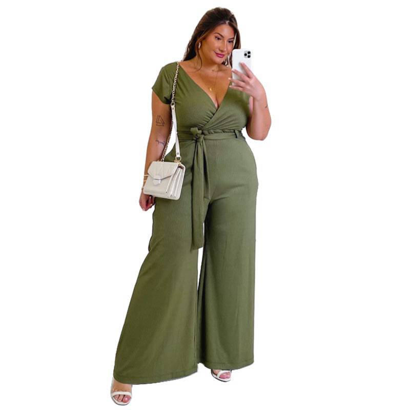 Elegant Plus Size Wide Leg Jumpsuit with Belt  L Army Green 