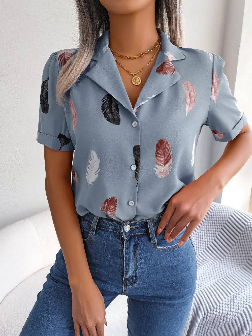 Feather Print Collared Women's Shirt with Short Sleeves  S Blue 