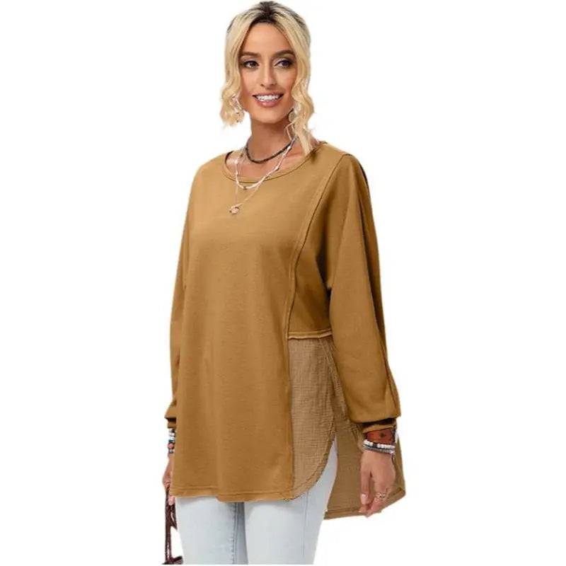 Frayed Asymmetric Long-Sleeved Top for Women in Solid Color  S Khaki 