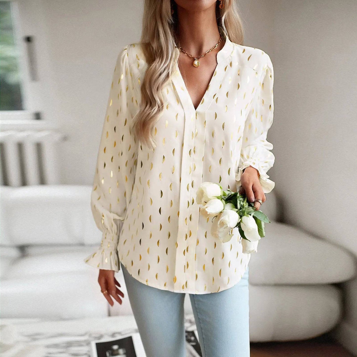 Women's Geometric Pattern V-Neck Long Sleeve Top for Autumn  S Apricot 