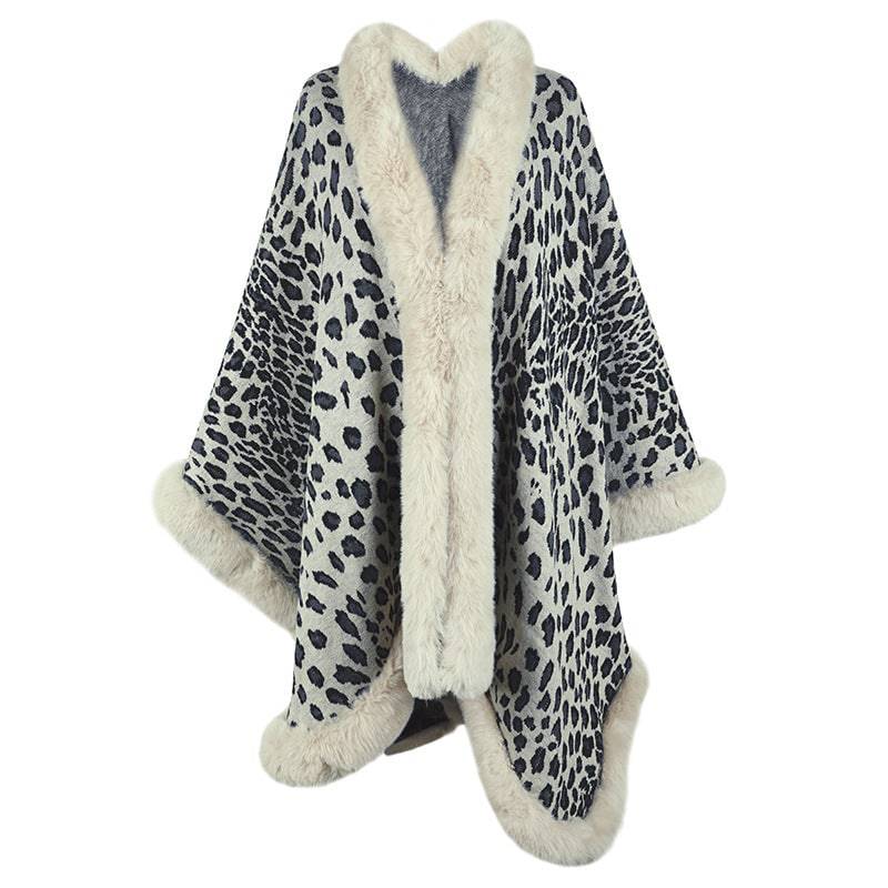 Leopard Print Fur Collar Cape Cardigan: Elegant and Luxurious Winter Sweater  One Size Apricot 