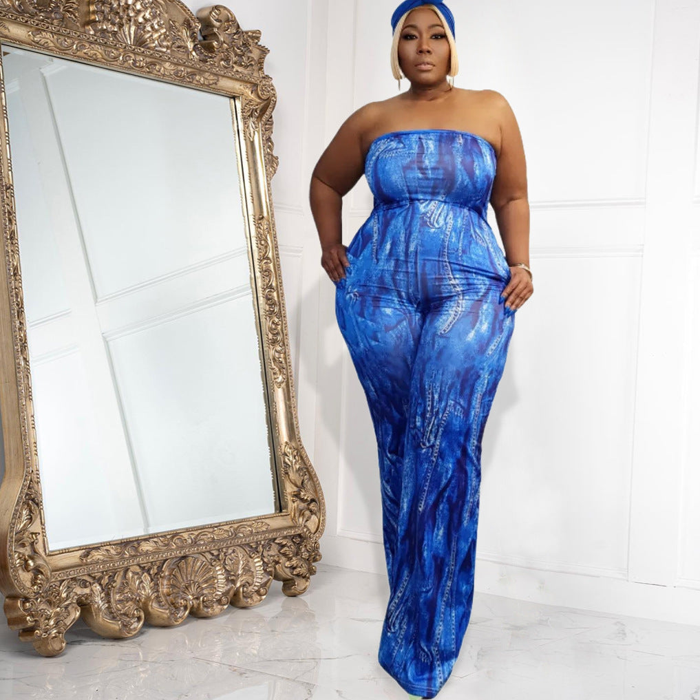 Plus Size Women Clothes Spring Summer Sexy Tube Top Lace Up Jumpsuit Denim Pattern Wide Leg Jumpsuit - Wild Amber Fashion