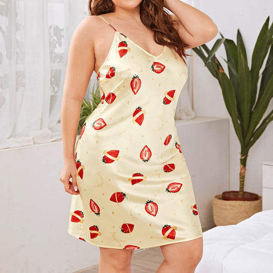 Plus Size Spring Summer Women Clothes Nightdress Strap Satin Printed Homewear Women - Wild Amber Fashion