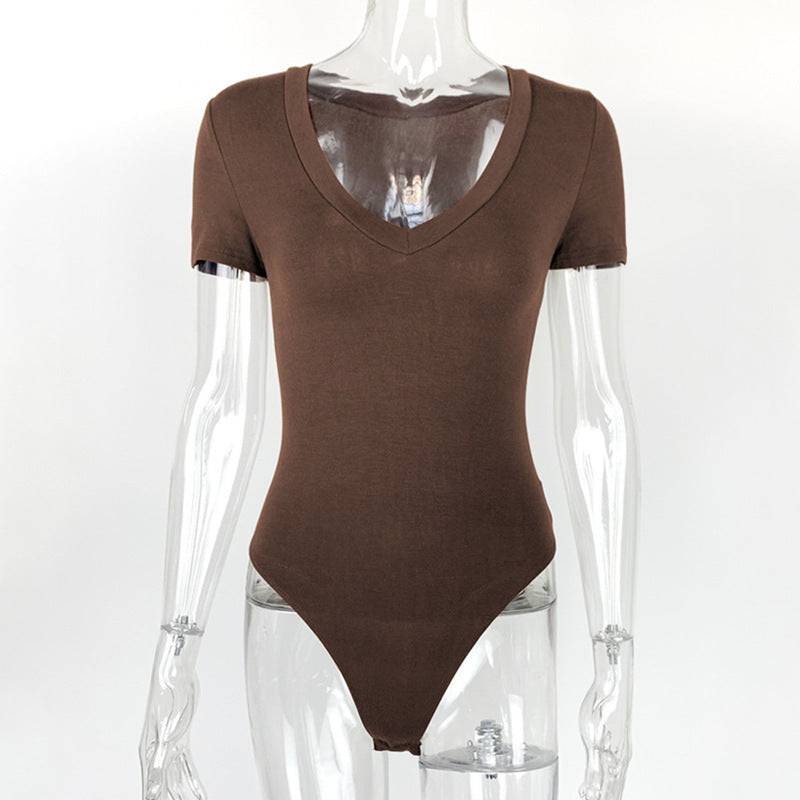 Short Sleeve V-Neck Cotton Summer Bodysuit for Women  S Coffee 