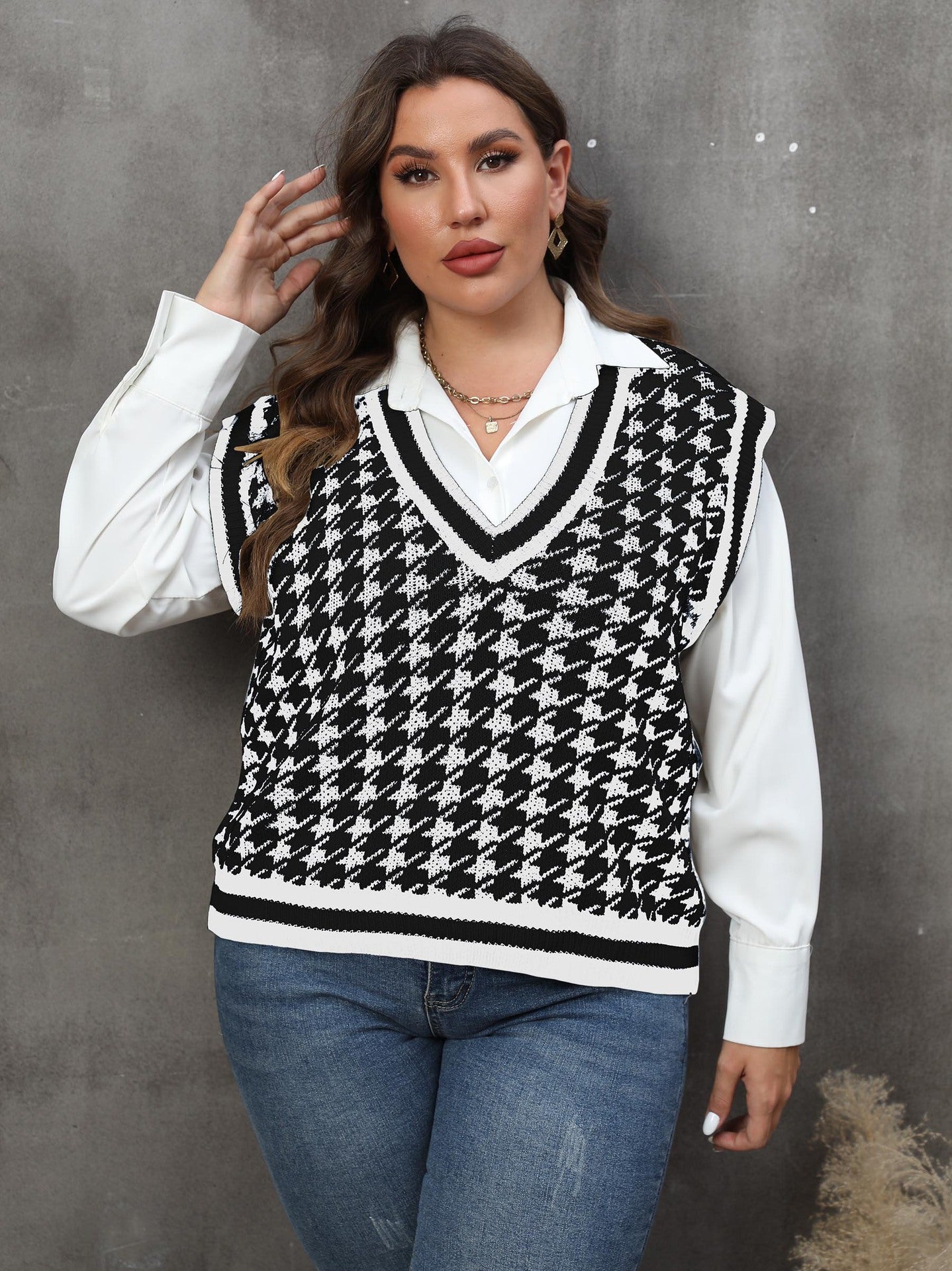 Plus Size Women Clothes Striped Color Contrast Patchwork Houndstooth Casual Vest Vest Top - Wild Amber Fashion