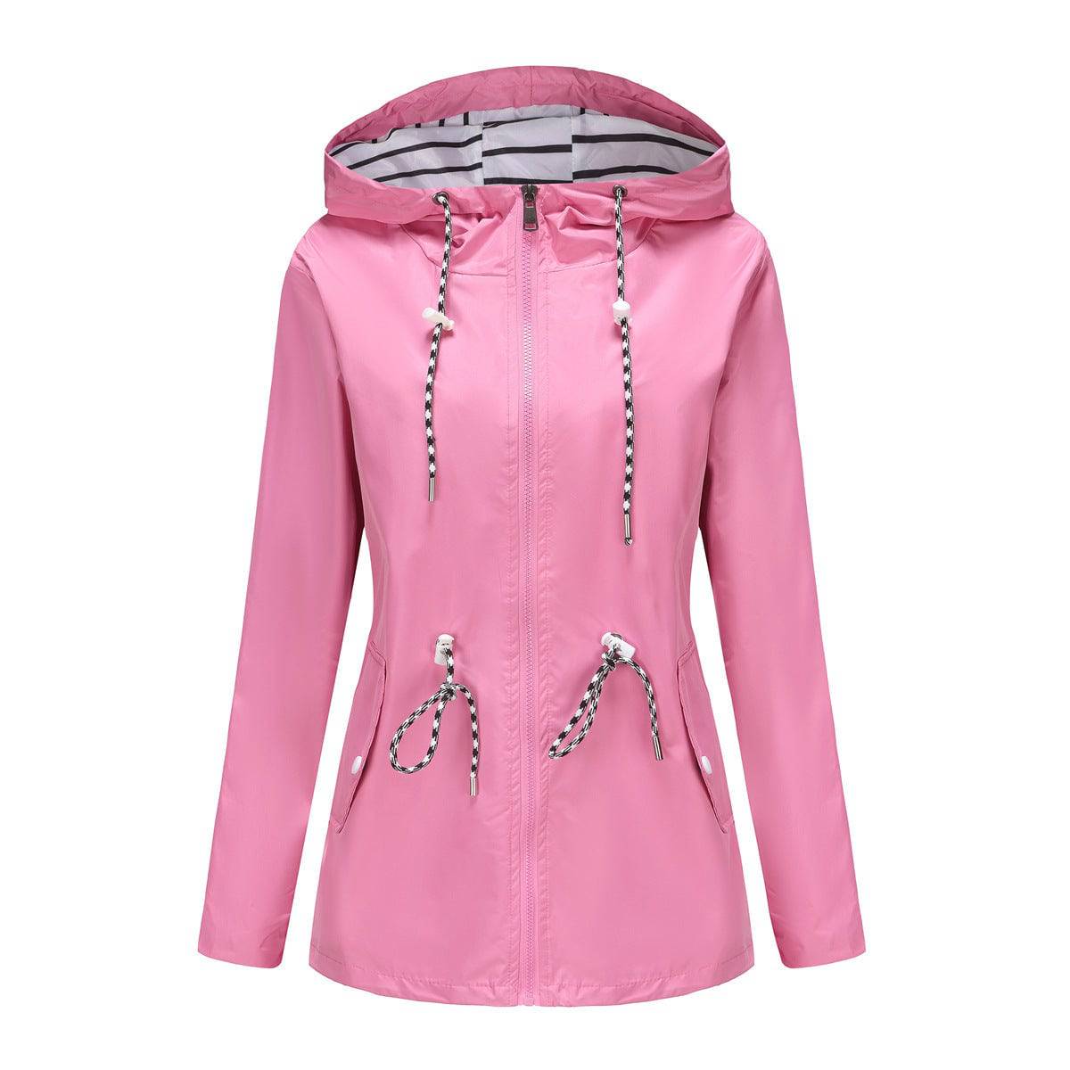 Long Sleeved Waterproof Mid Length Trench Coat Women Hooded Striped Raincoat Women Clothing  S Pink 