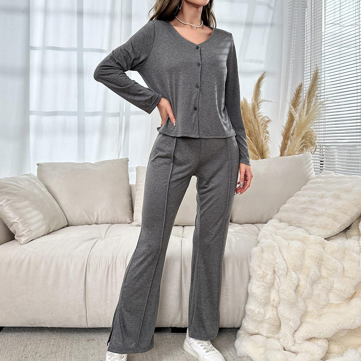 Women Pajamas Autumn Winter Cardigan Long Sleeved Shirt Split Trousers Home Wear Can Be Worn outside - Wild Amber Fashion