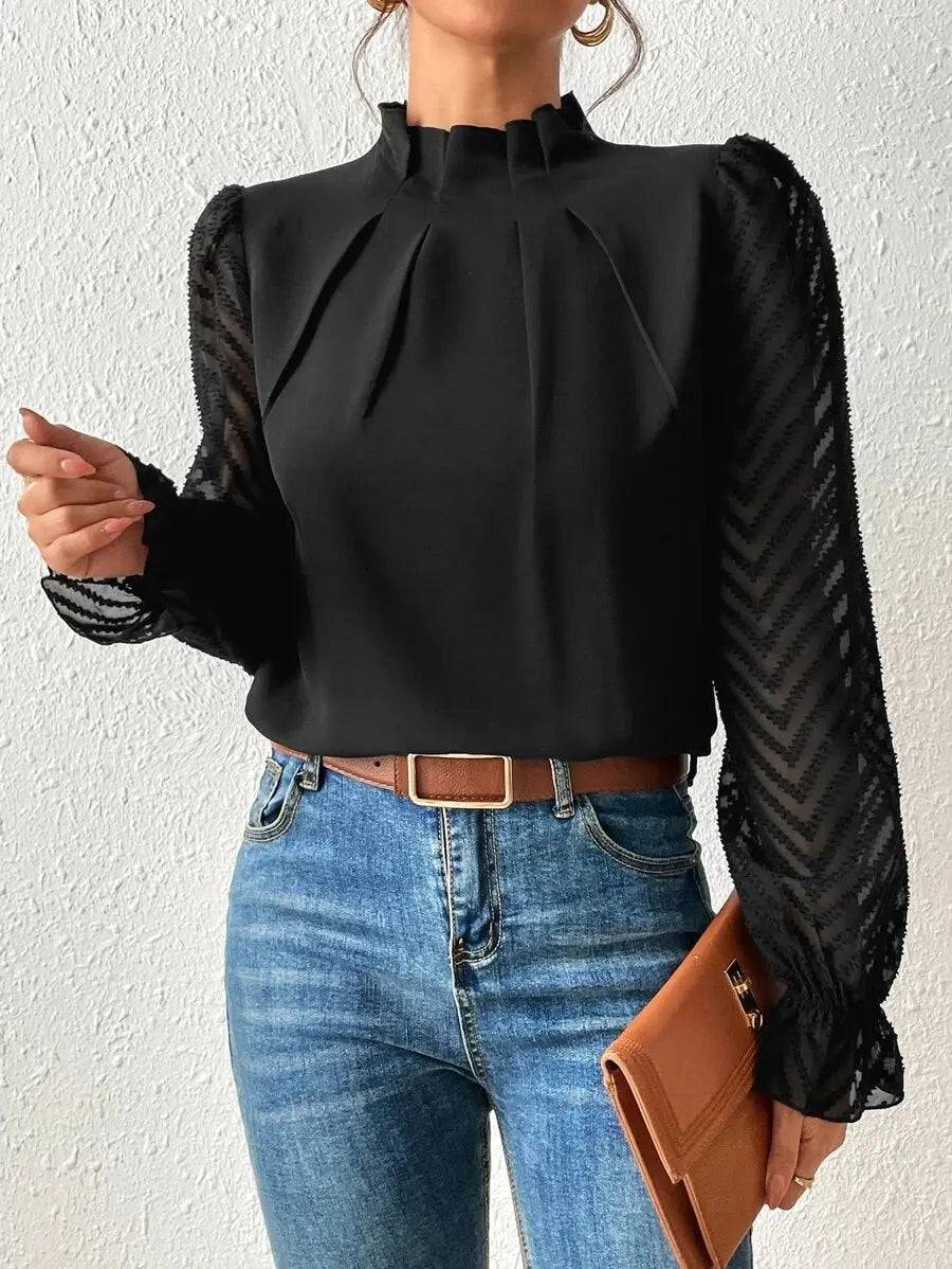 Elegant Chiffon Long Sleeve Top with Mock Neck and Lantern Sleeves  S Black 