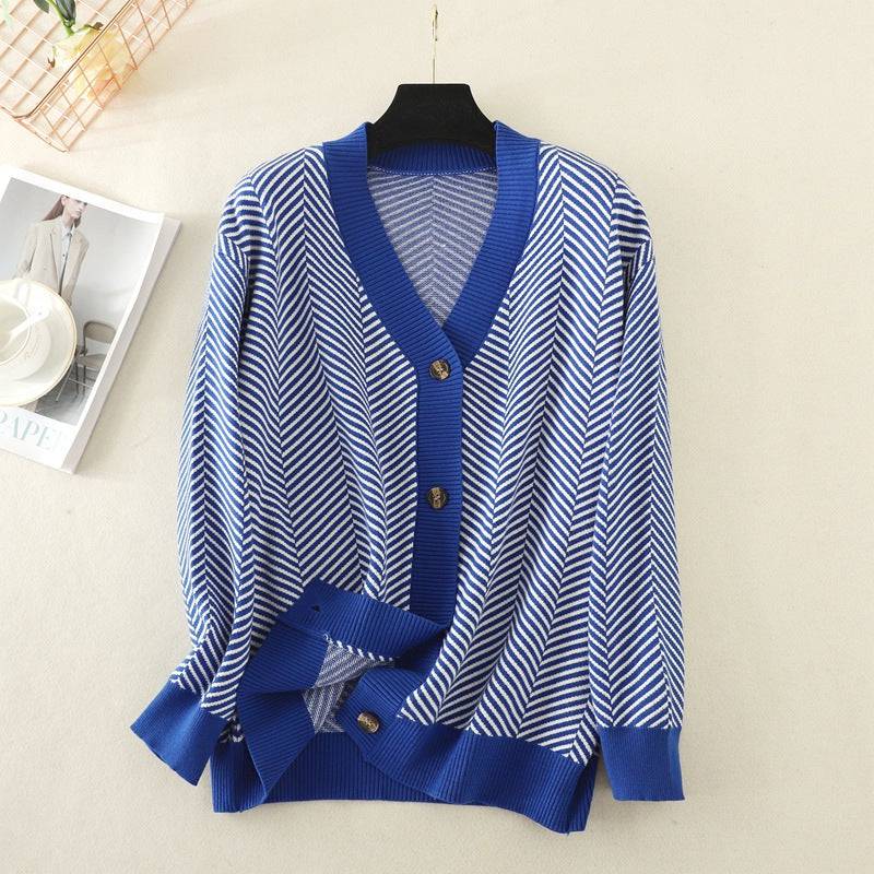 V-Neck Striped Sweater Jacket for Women  One Size Blue 