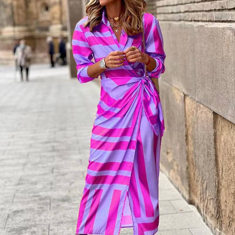 Trendy Striped Shirt Collar Dress with Lacing  S Purple 