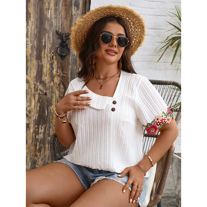 Plus Size Women Summer V Neck Loose Pullover Top Embroidered Edge Short Sleeved Shirt Women Shirt - Wild Amber Fashion