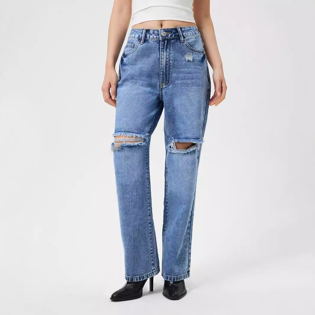 Women Clothing Loose Hole Denim Trousers