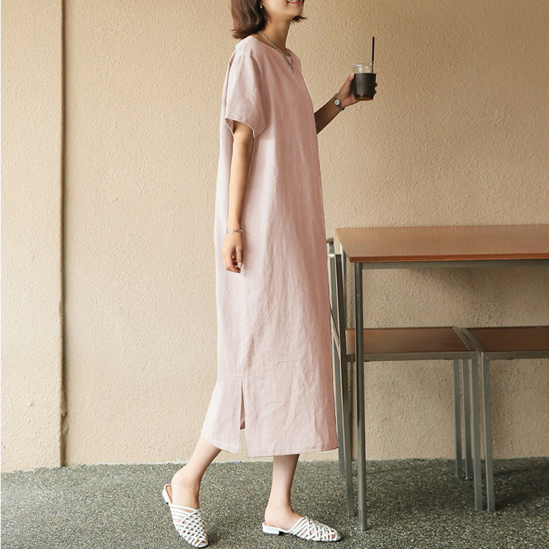 Spring Summer Dress Cotton Linen Niche Women Clothing Cotton Short Sleeve Casual Simple Loose Maxi Dress - Wild Amber Fashion