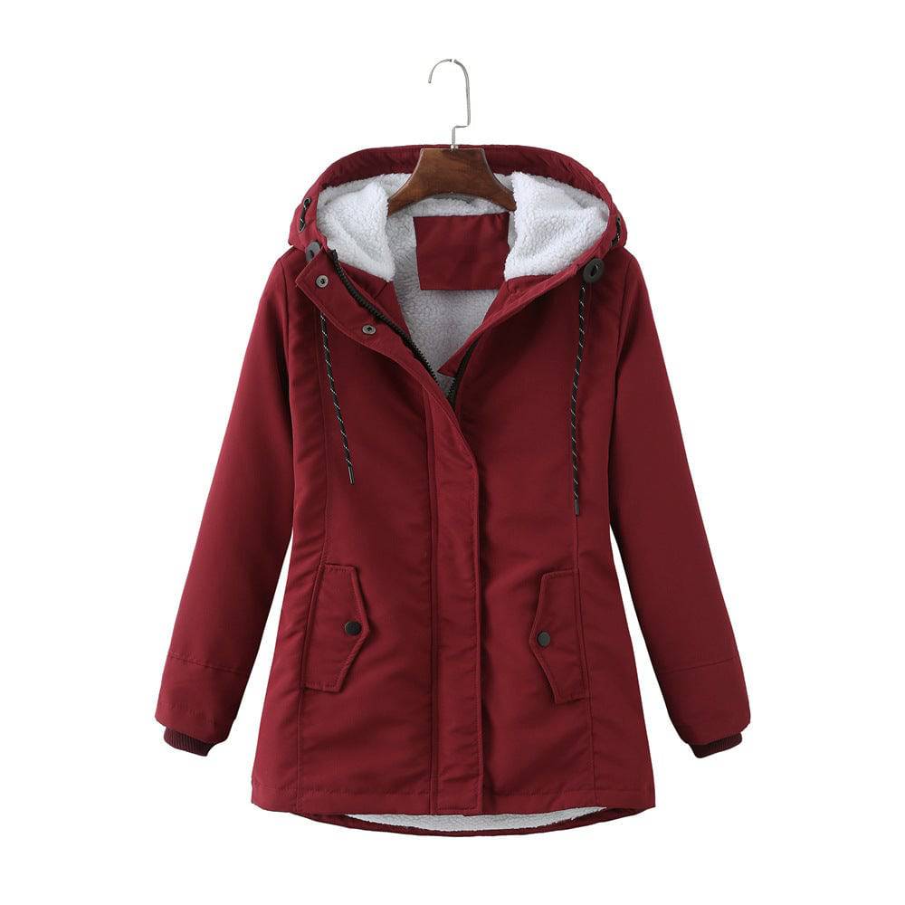 Ladies Hooded Lambswool Parka Winter Warm Waist Women Cotton-Padded Coat  S Burgundy 