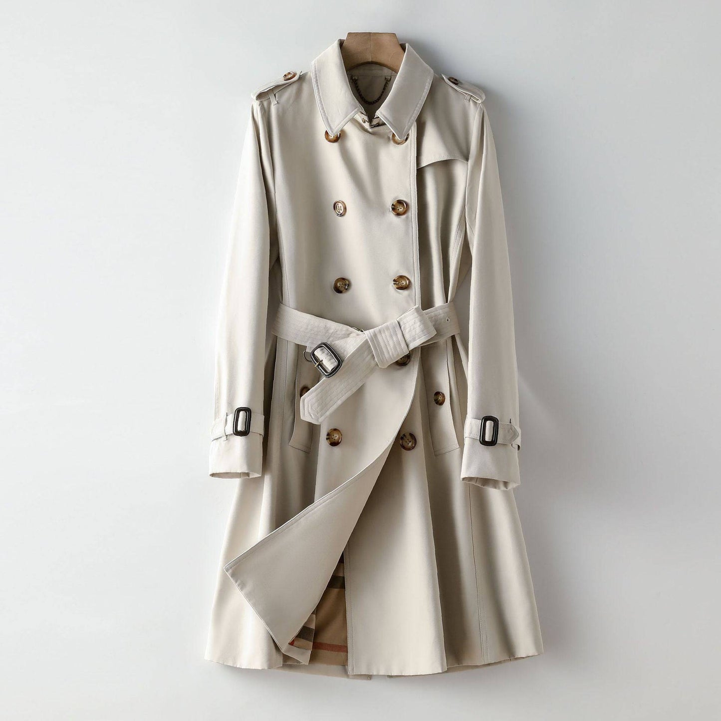 Long Elegant British Trench Coat for Women  S Stone White 