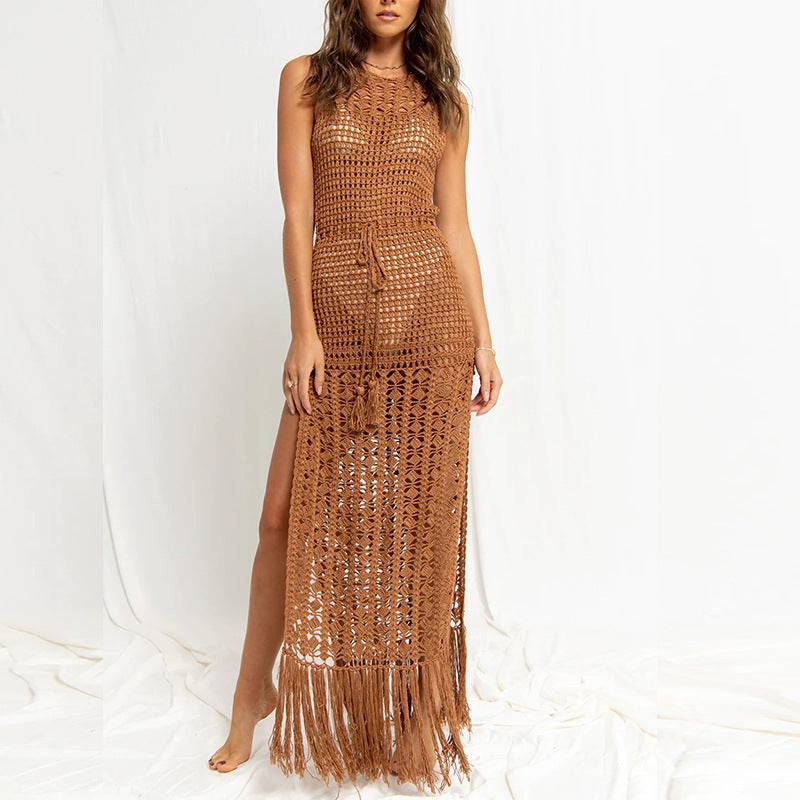 Maxi Dress with Tied Tassel Beach Swimsuit Coverup  One Size Khaki 