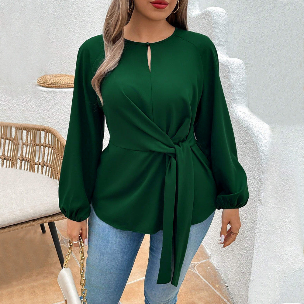 Plus Size Women Elegant T Shirt Fall Winter Slim Lace Up Long Sleeve Bottoming Top - Wild Amber Fashion