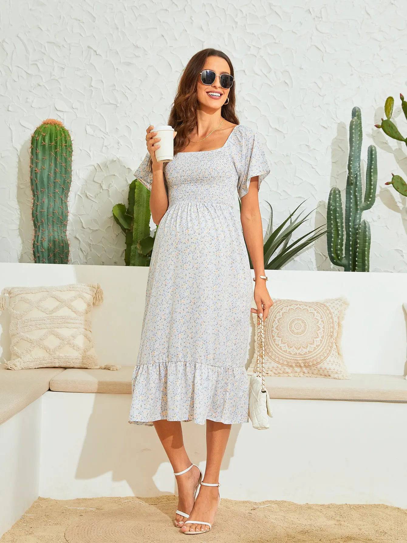 Floral Chiffon Midi Dress with Ruffle Details - Perfect for Summer and Vacation  S Light blue small pattern 