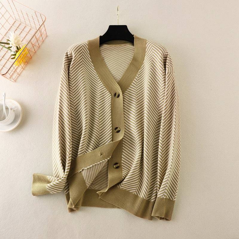 V-Neck Striped Sweater Jacket for Women  One Size Brown 