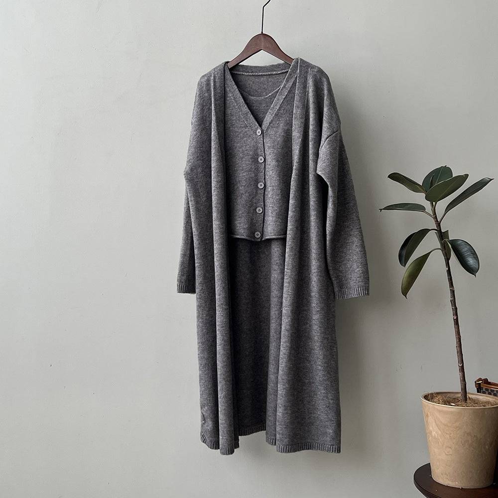 Korean Sweater Cardigan Suit Women Fall Coat Vest Vest Two Piece Set  One Size Dark Grey 