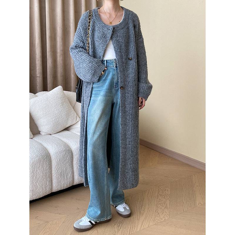 Long Cozy Knit Cardigan with Single Breasted Closure  One Size Gray 