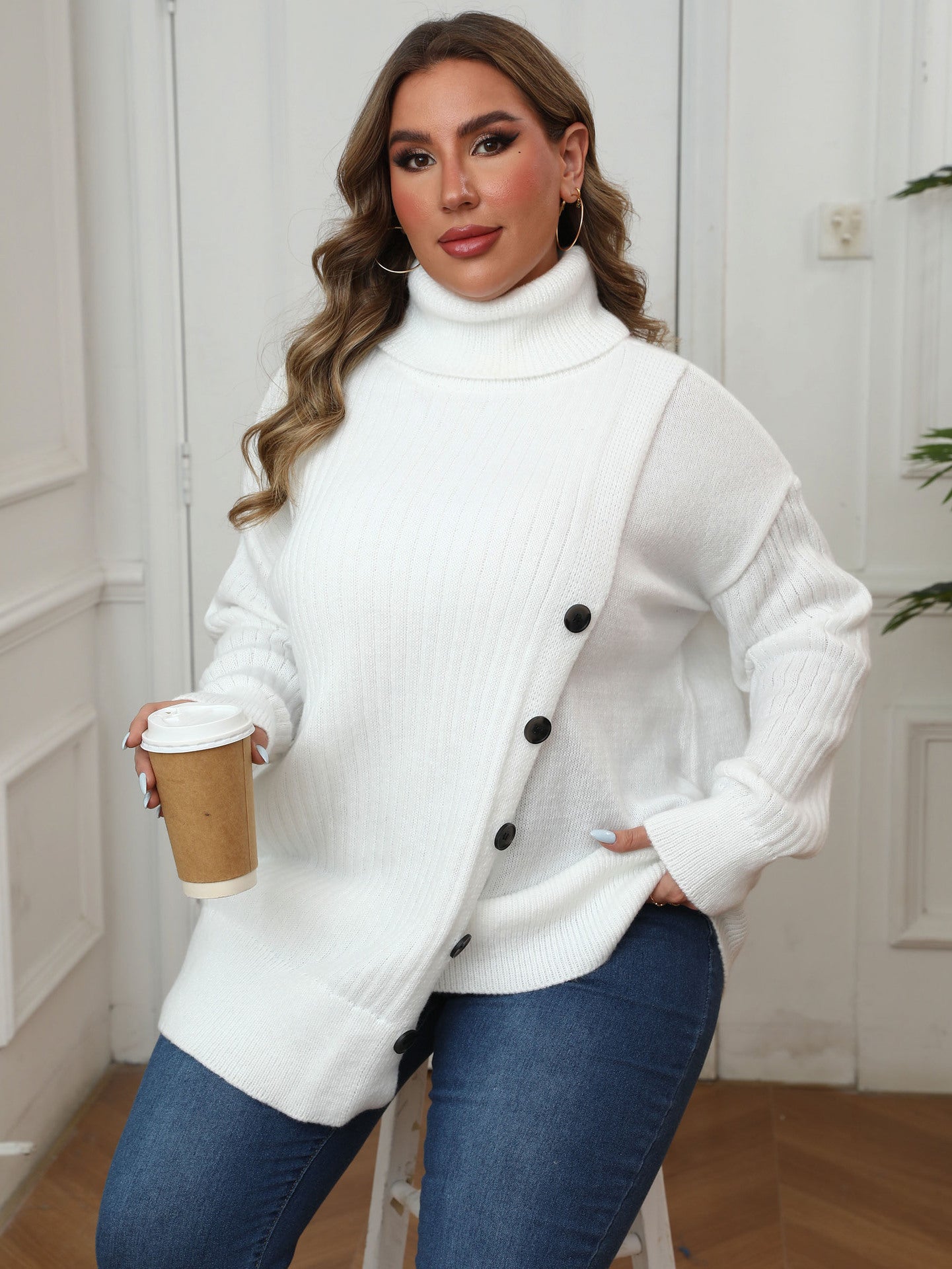 Plus Size Women Turtleneck Sweater Autumn Winter Clothes Fastener Decoration Irregular Asymmetric Mid Length Sweater - Wild Amber Fashion