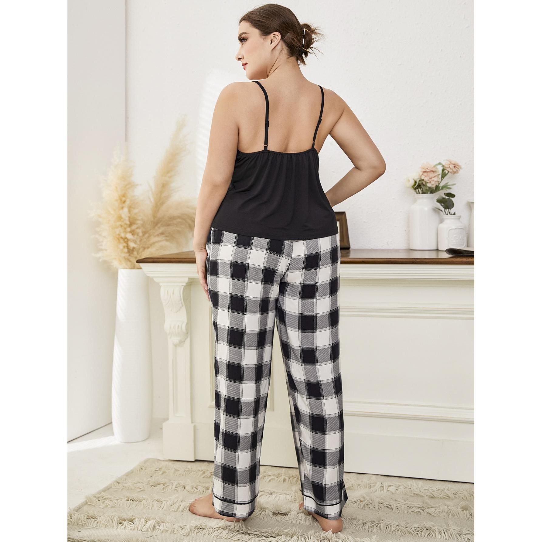 Plus Size Pajamas Plaid Lace Strap Ladies Home Casual Set - Wild Amber Fashion