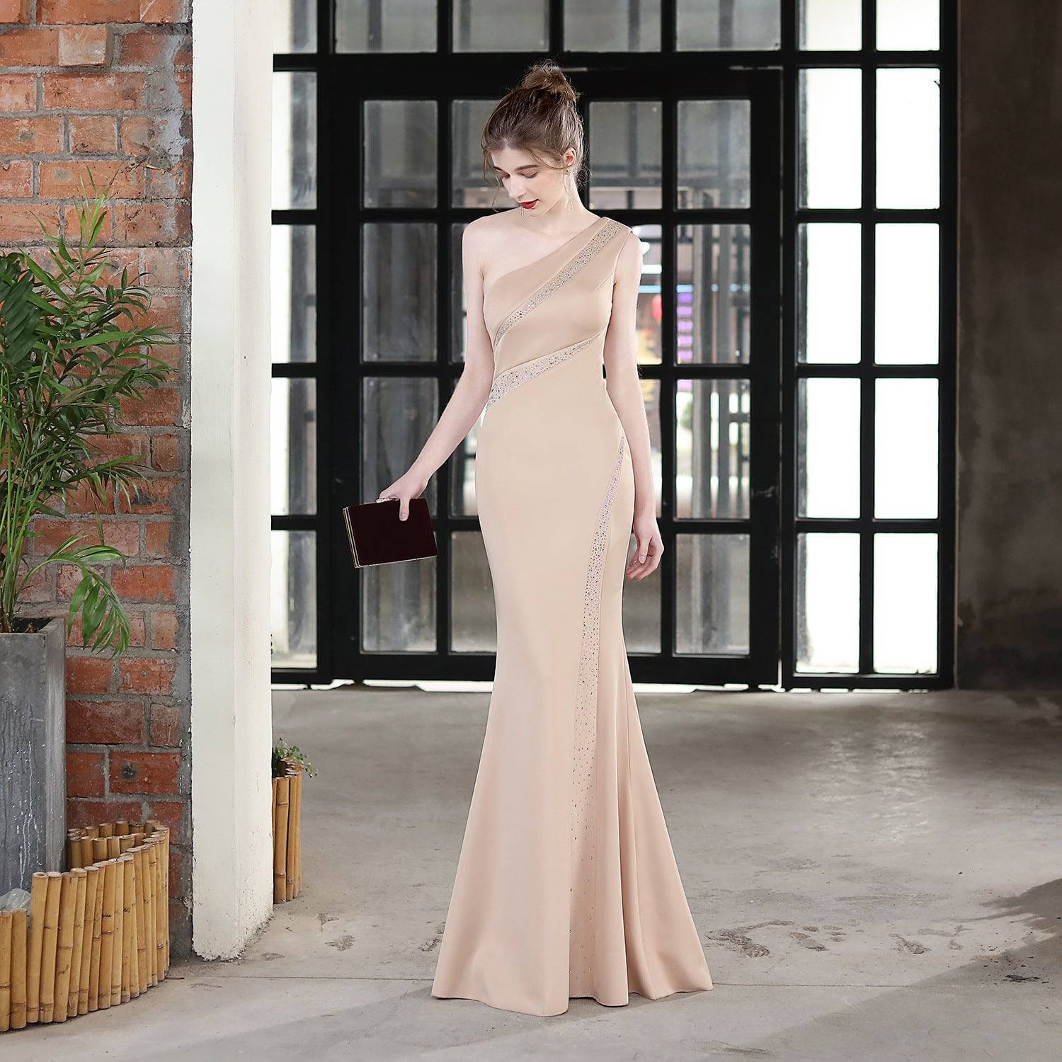 Long One-Shoulder Slim-Fit Fishtail Wedding Dress  S Apricot 