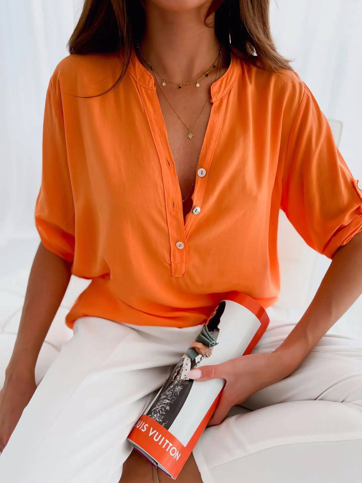 Versatile Cotton Stand Collar Shirt for Modern Women  S Orange 