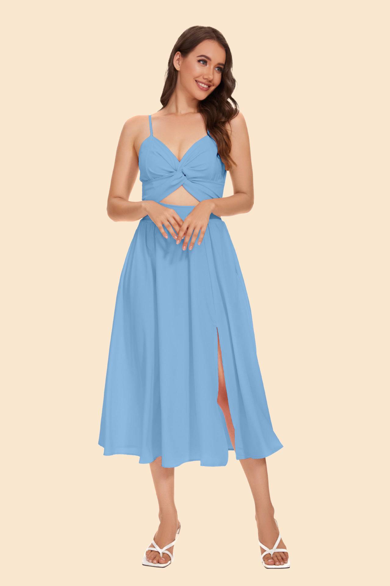 Summer Sweet Macaron Color Sling Waist Maxi Dress  S Light Blue 