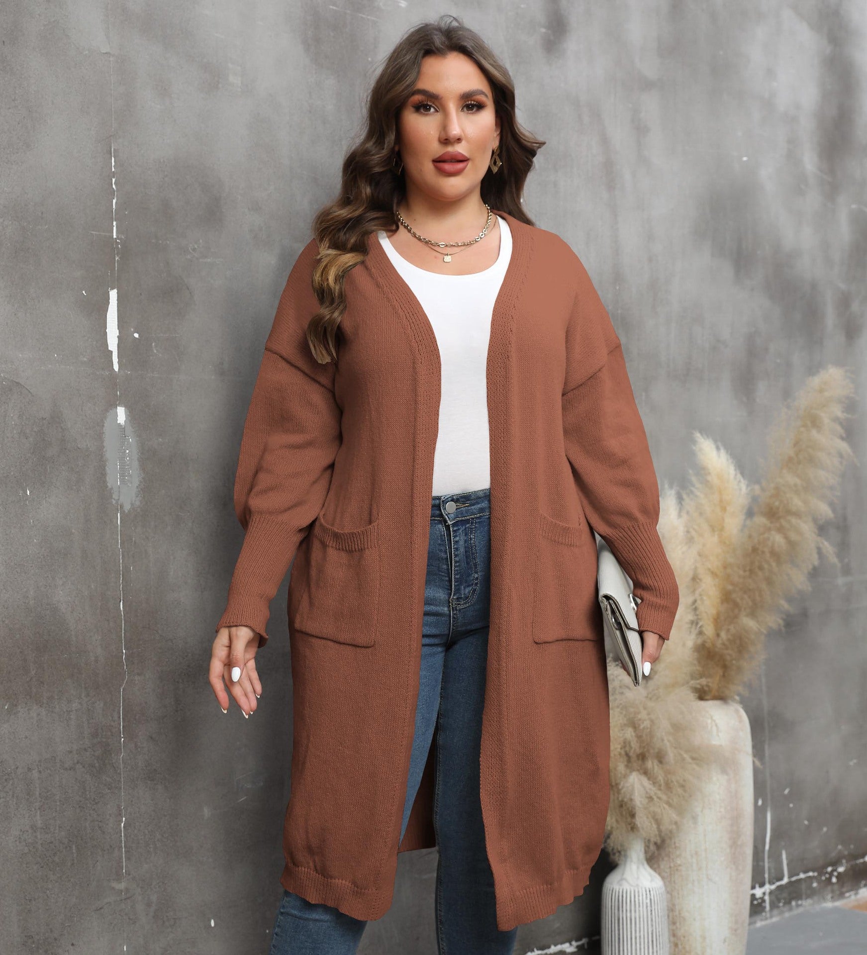 Women Coat plus Size Women Clothes Loose Mid Length Woven Sweater Double Pocket Lantern Sleeve Sweater Cardigan - Wild Amber Fashion