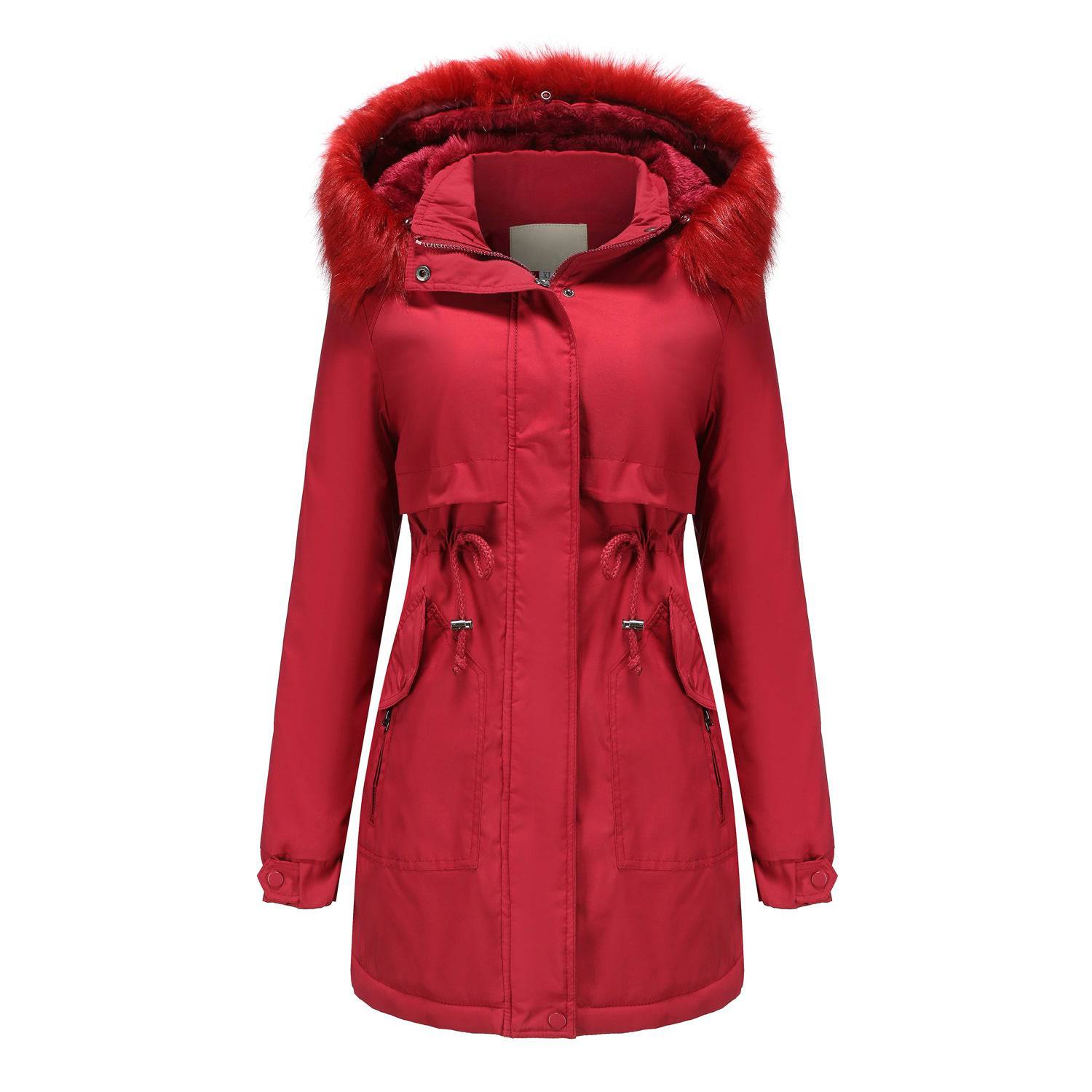 Women's Quilted Parka with Detachable Fur Collar and Hat  M Burgundy 