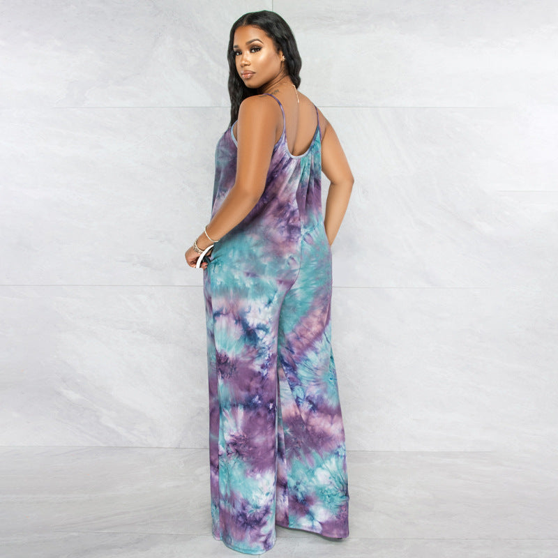 Plus Size New Tie-Dyed Printed Sling Casual Pants Straight Stylish Loose Jumpsuit - Wild Amber Fashion