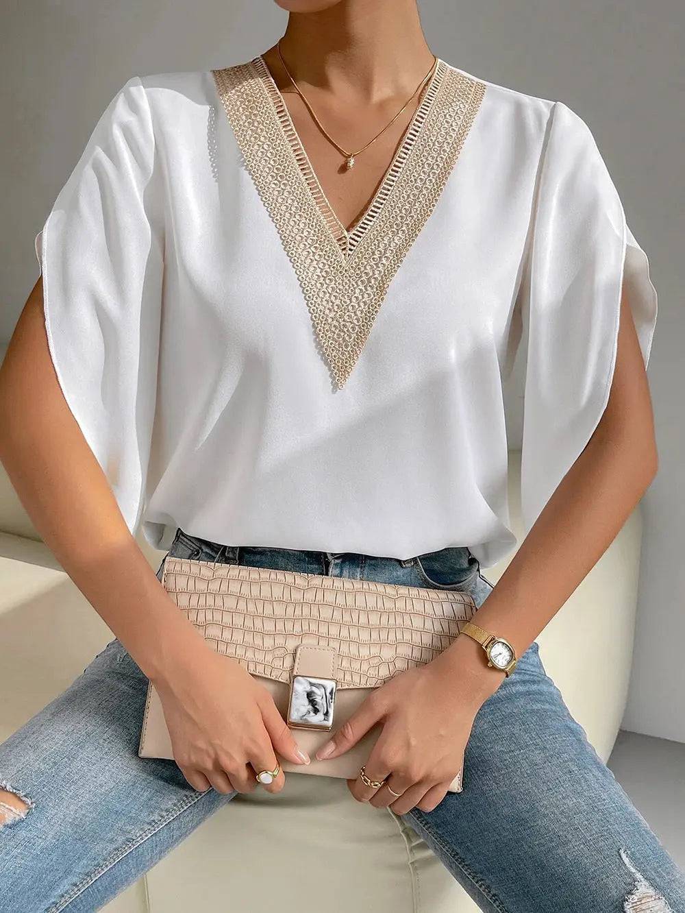 Elegant V-Neck Lace Chiffon Summer Top for Women  S White color contrast 