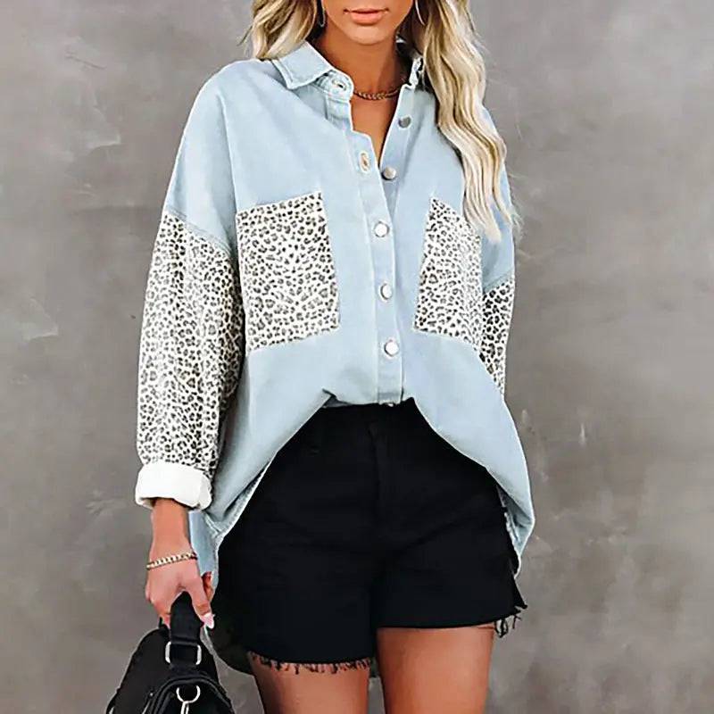 Leopard Print Long Sleeve Shacket Cardigan for Women  S Skyblue 