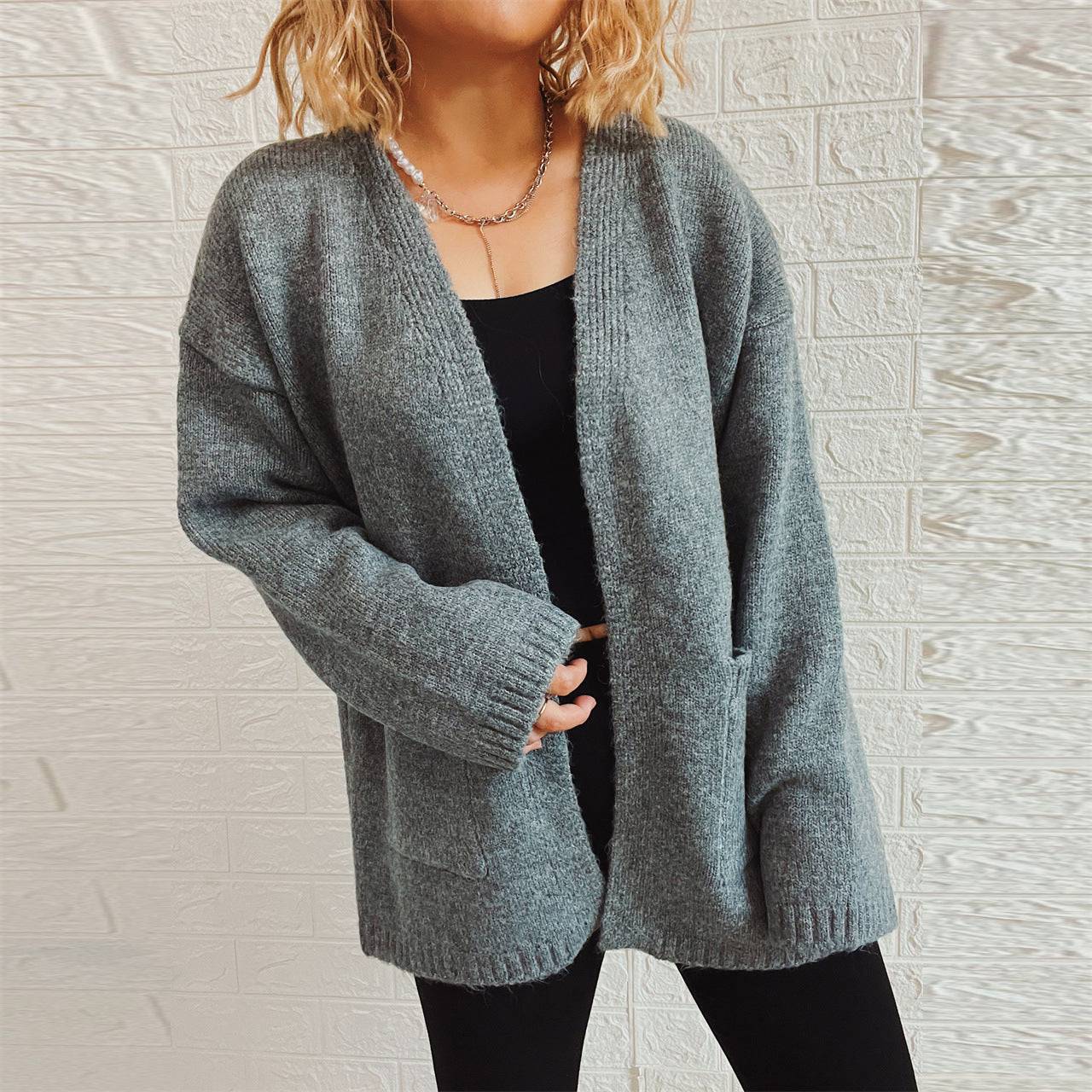 V-Neck Knitted Sweater Coat with Large Pockets for Women's Autumn/Winter Casual Wear  S Light Gray 